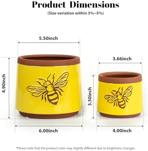 YBX Terracotta Pots Inch with Drainage Holes, Bee Decor, Ceramic Pots for Indoor Plants Flower Pots Outdoor, Succulent, Herbs, Snake Plants (Yellow, 6+4 Inch)