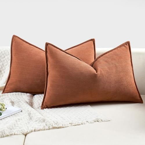 MIULEE Pack of 2 Fall Burnt Orange Lumbar Chenille Pillow Covers 12x20