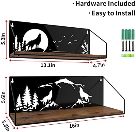 Giftgarden Floating Shelves for Wall with Unique Howling Wolves Cutout, Rustic Wolf Decor Wood Iron Hanging Shelf Decoration for Bedroom Bathroom Storage Cabin Lodge, Black