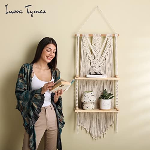 Macrame Wall Hanging Shelf - Boho Shelves Bedroom Decor | Macrame Wall Decor for Kitchen, Plant Hanger Shelves, Woven Rope Floating Shelves & Home Storage Organizer - 2 Tier