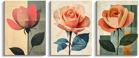 NAN Wind 3Pcs Abstract Rose Wall Art Canvas Print Minimalist Floral Painting Modern Geometric Flower Botanical Artwork Mid Century Style Home Decor Green Teal Beige Decor for Living Room Bedroom