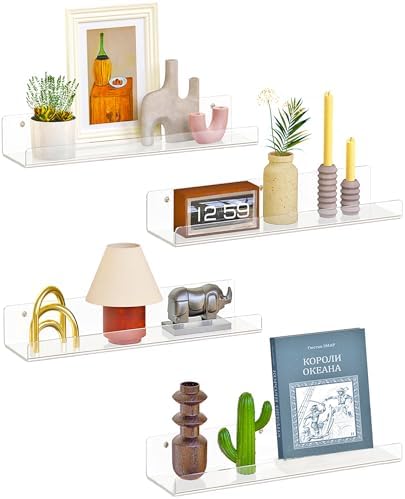 Dooiclear 4 Pack Floating Shelves for Wall, 15" Clear Floating Wall Shelf