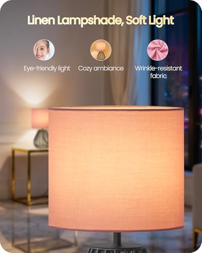 Pink Table Lamp for Girls' Room, Modern Small Bedside Lamp with Pink Linen Lampshade & Black Metal Base, 2700K LED Bulb Included, Decorative Nightstand Lamp for Bedroom, Entryway, P06TL05