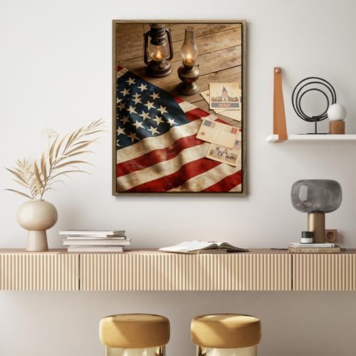 American Flag Framed Canvas Wall Art, 4th of July Patriotic Canvas Prints | USA Flag with Picture Poster Print, Modern Independence Day Wall Decor for Bedroom Living Room Office 24×36in