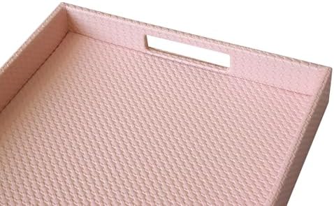 HofferRuffer Rectangle Serving Tray with Hole Handles for Coffee Table, Breakfast, Tea, Food, Butler - Countertop, Kitchen, Vanity Serve Tray, 16.2 x 12.2 x 2 inches, Faux Leather (Pink)