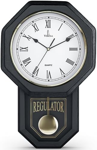Pendulum Wall Clock, Real Wood Regulator Clock, Black, Quiet Non-Chiming