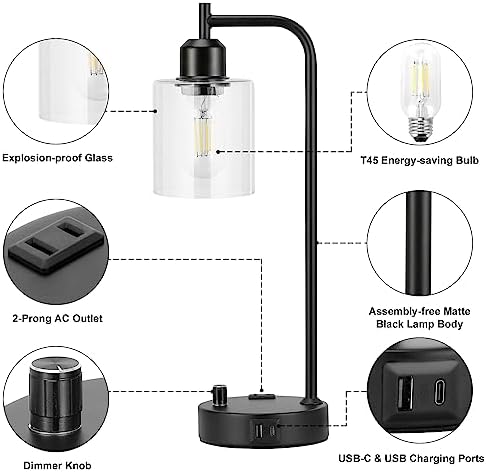 Industrial Nightstand Lamps for Bedrooms Set of 2 - Fully Dimmable Bedside Lamps with USB A C Ports and Outlet, Black Table Lamps with Clear Glass Shade for Living Room, Desk Lamps for Office Reading