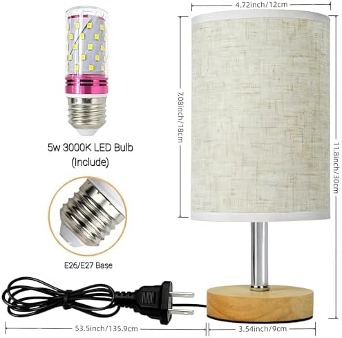 Small Table Lamp Set of 2, Bedside Lamp with 3000K Warm LED Bulb Included, Nightstand Lamp for Living Room Office Dorm Kids Room, Easy Assemble Minimalist Cream Shade & Wood Base(5W)