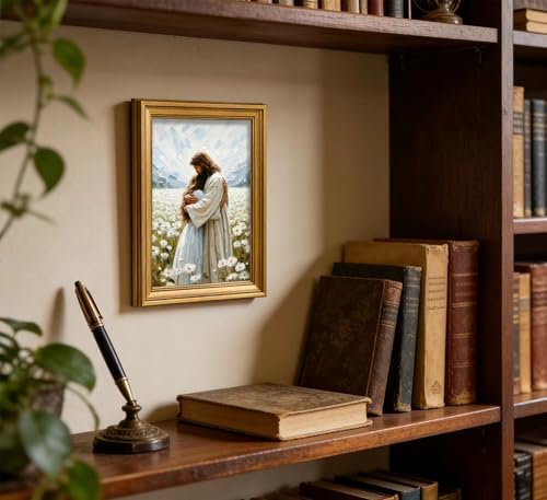 Vintage Gold Framed Jesus Wall Art Jesus Hugging Girl Christian Canvas Prints God Embracing Woman Picture Religious Beliefs Spiritual Painting Poster Artwork for Living Room Bedroom Church