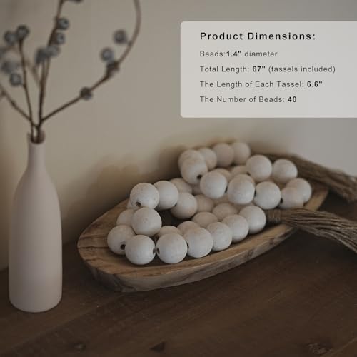 Extra Large Wood Bead Garland with 1.4" Diameter Wood Beads, Wooden Beads Garland with Tassels, Decorative Beads Home Decor, Farmhouse Beads Decor (Rustic White, 67 Inches)