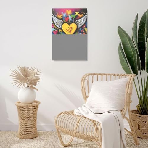 Crekviy Banksy Wall Art Street Graffti Wall Decor Heart Wings Canvas Prints Painting Romantic Artwork Decorations for Bathroom Bedroom Living Room Office Framed Gifts 16"x24"
