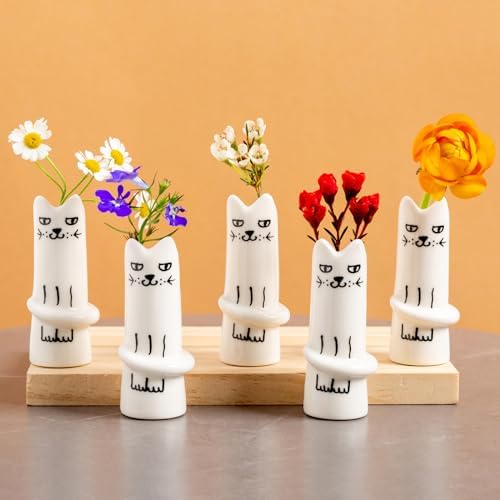 Set of 5 Cat Flower Vase Bud Ceramic Small Cute Mini Handmade Decor | Unique Modern Tiny Wedding Party Birthday Gift - Bulk Trendy Pretty Little Vases
