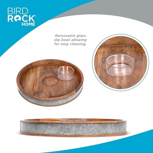 BIRDROCK HOME Wooden & Iron Chip Dip Serving Tray w/Glass Dip Bowl | Extra Large Decorative Kitchen Platter | Salsa, Guacamole, Veggies, Cheese | Decor for Coffee Table, Dining & Living Room - Round