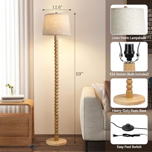 Real Wood Floor Lamp for Living Room,Wooden Standing Lamp with 3 Color Changing Bulb Included, Tall Lamp with Linen Shade,Farmhouse Floor Lamp for Living Room,Bedroom,Corner,Dining Room and Office