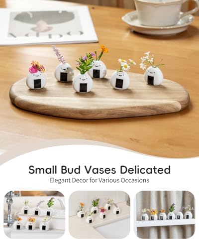 6 PCS Cute Handmade Ceramic Mini Vases - Japanese Onigiri Rice Ball Design for Dried Flowers and Small Stems, Adorable Mini Table Decor, Unique Japanese Craft Gift