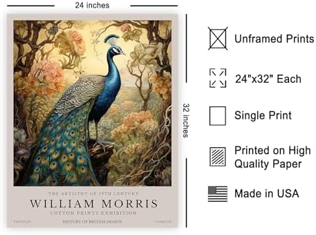 Poster Master Peacock Art Print - William Morris Poster - Flower & Animal Art - Botanical Exhibition Wall Design - Floral Bird Illustration - Aesthetic Office or Bedroom Decor - 24x32 UNFRAMED Print