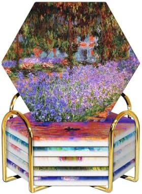 Coaster for Drinks Set of 6,Famous Claude Monet Paintings Absorbent Round Ceramic Stone Mat, with Cork Base and Metal Holder, Gift for Housewarming Room Bar Decor