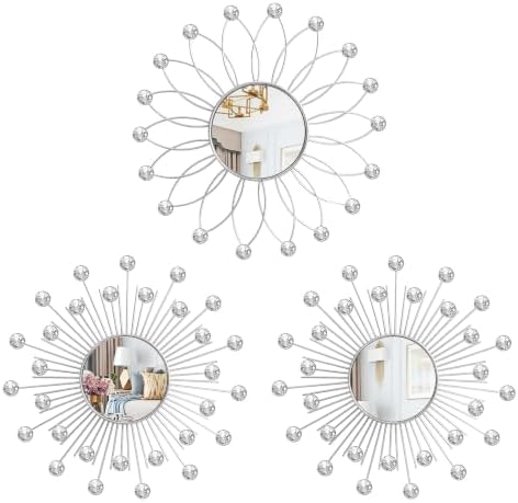 3 Pack Metal Mirrors for Wall Sunburst Wall Mirrors Home Décor Decorative Hanging Wall Art for Living Room Bedroom Entryway (Silver2 Crystal, Flower+Sunburst)