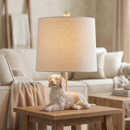 18.5" Distressed White Retriever Dog Table Lamp, Oatmeal Hardback Shade