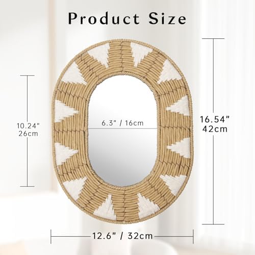 Briful Bohomain Wall Mirror Oval Decorative Mirror Seagrass Wall-Mounted Mirror Farmhouse Home Décor, Hanging Wall Art for Living Room Bedroom Dining Room, Size-16.54''x12.6''