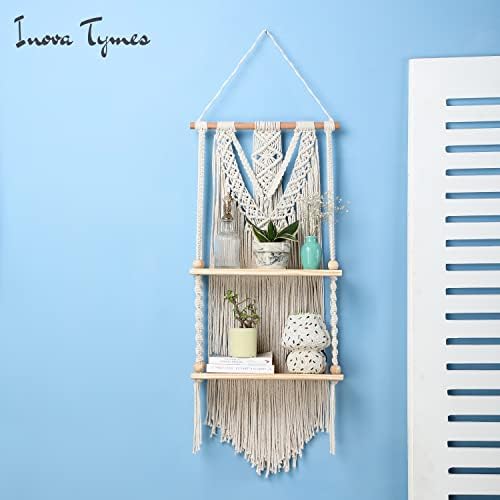 Macrame Wall Hanging Shelf - Boho Shelves Bedroom Decor | Macrame Wall Decor for Kitchen, Plant Hanger Shelves, Woven Rope Floating Shelves & Home Storage Organizer - 2 Tier