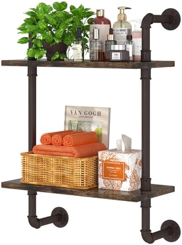 Helsin 2 Tier Industrial Pipe Floating Bathroom Shelves, 16inch Rustic Wood Wall Mounted Shelf, Storage Rack Sundries Holder for Kitchen Office Bathroom Organization & Home Décor