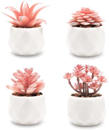 VIVERIE Mini Faux Succulents Plants Artificial in Pots-Rose Pink Desk Accessories, Small Fake Succulents Plants for Home Decor Indoor for Women, White Ceramic, Set of 4
