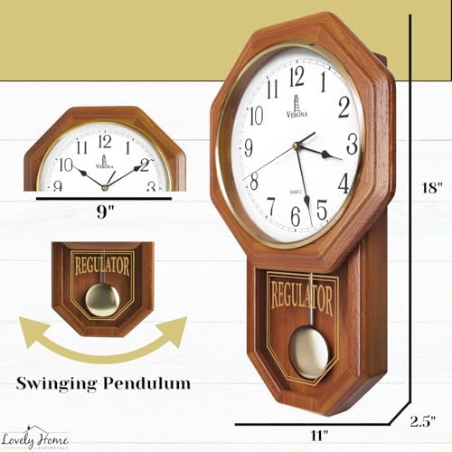 Pendulum Wall Clock Battery Operated, Real Wood Regulator Clock, Quiet