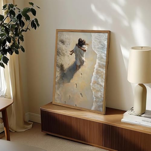 Jesus Hugging Woman Wall Art Jesus on the Beach Wall Decor 3D Textured Hand Drawn Sandstone Christian Decor Painting Footprints on the Beach Artwork for Bedroom Living Room 12x16 inch Wood Framed
