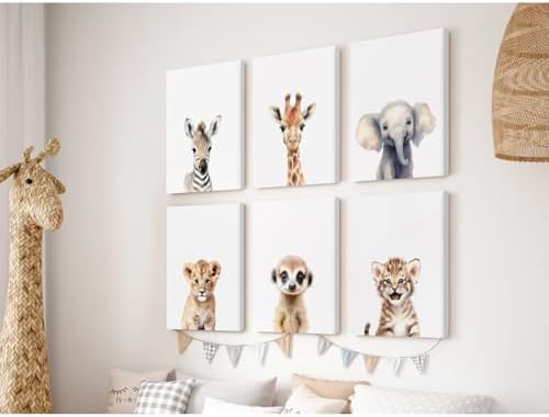 Safari Nursery Wall Art Decor Set of 6 Baby Animal Wall Art Kids Canvas Wall Art Safari Nursery Pictures Jungle Animal Prints Baby Boy Art Giraffe Painting for Room Bedroom 12x16 Inch Framed