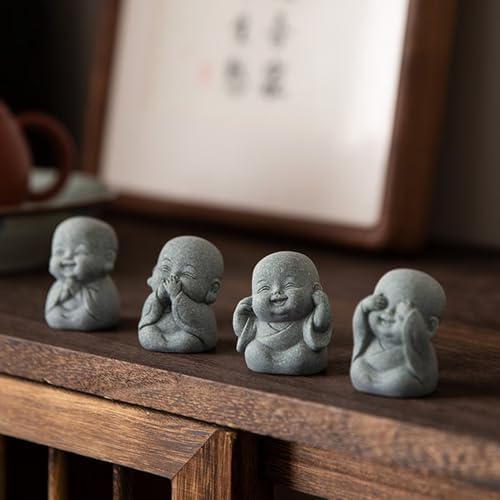UTTCMK Laughing Buddha Statue Decor - 4Pcs Small Zen Monk Sandstone Buddha Sculpture for Wealth Good Luck Feng Shui Decor, Cute Zen Decoration for Home Office Desk Indoor and Outdoor(Gray)