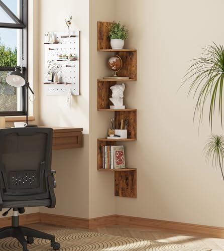 VIMBER 5-Tier Corner Shelf Wall Mount, Corner Bookshelf, Industrial Corner Ladder Shelf, Modern Display Shelf for Living Room, Bedroom, Kitchen, Home Office, Bathroom, Rustci Brown UJSJ003F