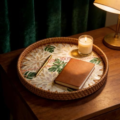 Boho Handwoven Rattan Tray with Mother of Pearl Inlay, 30cm Round Decorative Tray, Wooden Base Serving Tray for Breakfast, Vanity, Coffee Table & Wall Hanging Decor (Size:Middle, Pattern:Greenleaf)