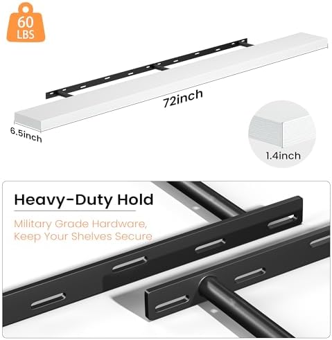 72 Inch Floating Shelves for Wall, Rustic Wood Wall Mounted Deep Storage Shelves with Invisible Brackets, Panoramic Decorative Display Ledge for Living Room Bedroom and Kitchen, Set of 2, White