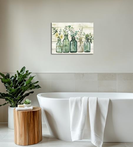 Yaoliyu Bathroom Decor Eucalyptus Flower Canvas Wall Art Green Botanical Prints Plant Floral Glass Vase Painting Rustic Bathroom Picture Wall Decor Farmhouse Artwork 12x16inch