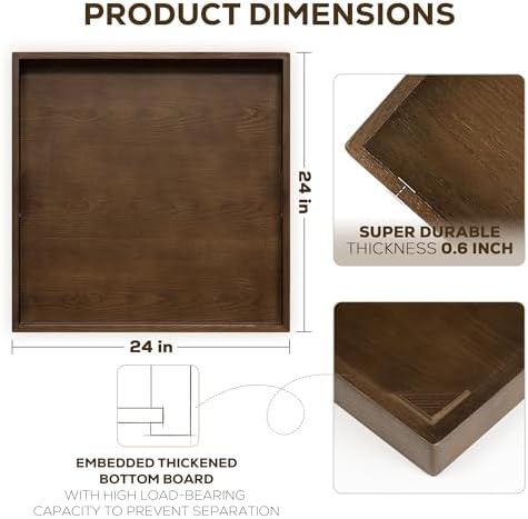 Axeman 24 Inch Large Square Wooden Ottoman Tray for Living Room|Extra Large Serving Tray with Handles for Coffee Table, Breakfast|Decorative Wood Tray for Ottoman Couch Sofa Kitchen|Walnut