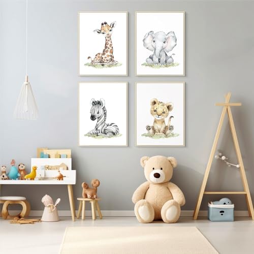 Safari Nursery Wall Art Decor Baby Animal Canvas Wall Art Woodland Nursery Wall Decor Kids Jungle Animal Pictures Safari Giraffe Elephant Tiger Prints for Room Bedroom Set of 4 12x16 Inch Framed