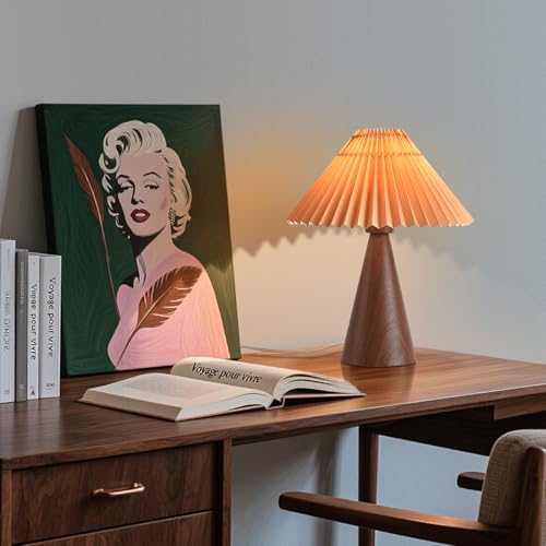Ziqqeelam Wood Small Table Lamp, Mini Cute Table Lamp, Pleated Table Lamp,Wooden Grain Bedroom Lamps for Nightstand, Small Scalloped Lamp Shade Table Lamps for Small Spaces for Bedroom,Living Room