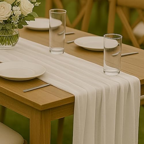 3 Pack Ivory 10FT Cheesecloth Table Runner –120 Inch White Gauze Table Runners for Wedding, Bridal Shower, Elegant Rustic Boho Reception Décor