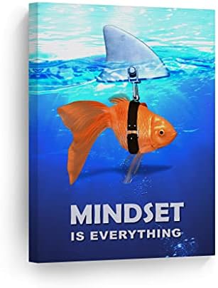 Smile Art Design Mindset is Everything Fish vs Shark in Ocean Motivational Wall Art Canvas Print Inspirational Wall Art Entrepreneur Quote Office Living Room Decor Gift Ready to Hang 40x30