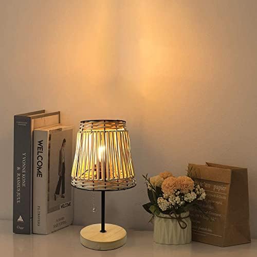Handmade Bohemian Rattan Bedroom Small Table Lamp,with White Rattan Lamp Shade (Natural Vine Color) with Pull Chain Lamp Holder,E26 Bulb Included