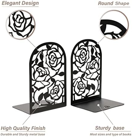 CNK Premium BookEnds - Heavy Duty Metal Book Stoppers for Home Office, Decorative Book Shelf Holders (Rose Black)