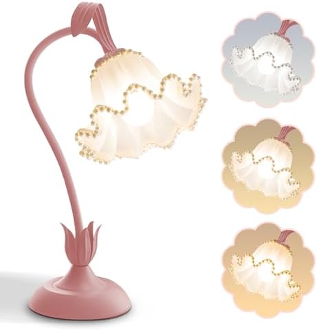Flower Table Lamp LED Reading Light Vintage Night light (Pink Pearls)