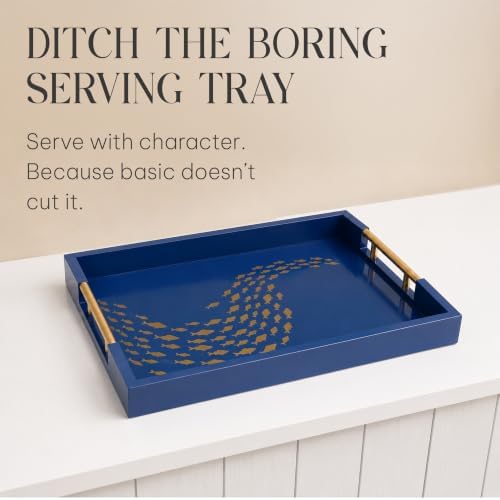 Serving Tray with Gold Fish Design, Navy by Death Decor