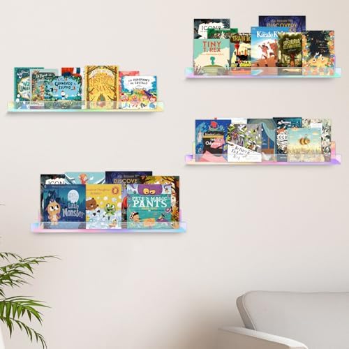 Dezzer 4 Pack Acrylic Shelves for Wall, 15" Acrylic Floating Shelves for Bathroom Bedroom, Invisible Bookshelf Wall Ledge Storage Shelf Books Perfume Toys Action Figure Display Shelves, Iridescent