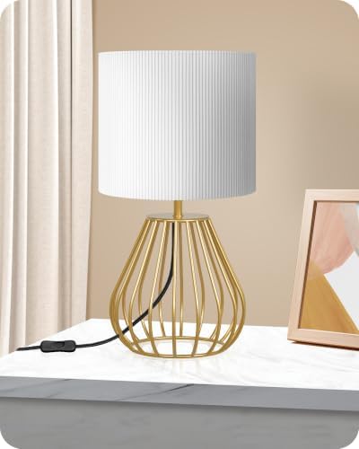 Gold Table Lamp with Pleated Lampshade, 12.6" Small Bedside Lamp