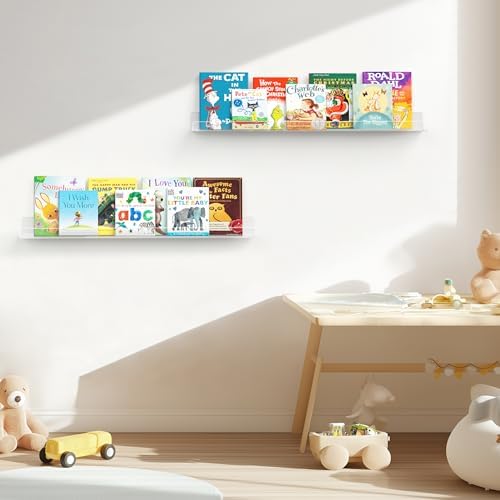 HBlife 24 Inches Floating Shelves Wall Mounted Clear Acrylic Shelves for Figures, 16 Inch Stud Spacing Invisible Floating Bookshelf for Kids and Nursery, 2 Pack (5MM Thick)