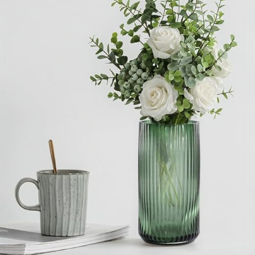 8 Inch Tall Emerald Green Glass Vases for Flowers-Vintage Decorative Ribbed Glass Cylinder Vase for Table, Countertops, Shelves, Flower Vase for Home Decor, Wedding Centerpieces, Kitchen