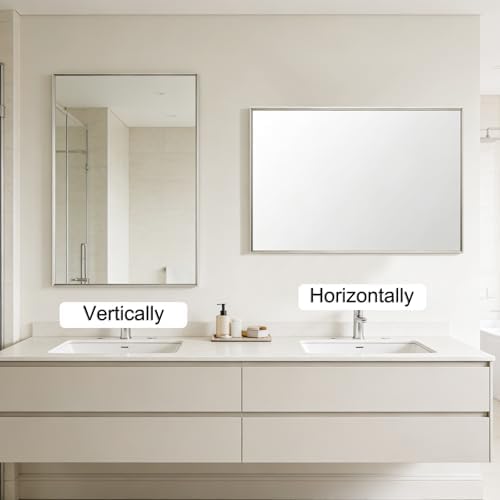 Bathroom Mirror for Wall, 24x16 Inch Framed Vanity Mirror Brushed Nickel | Rectanglar Metal Beveled Framed Mirror for Over Sink, Tempered Glass, Anti-Rust, Hangs Horizontally or Vertically