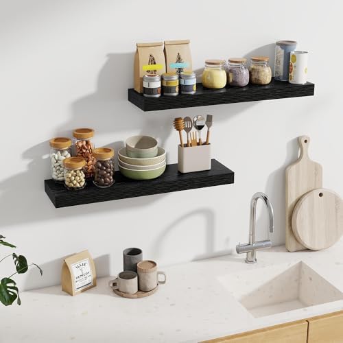 Fun Memories 30Inch Floating Shelves for Wall, 2 Pack Rustic Wood Shelves for Bathroom|Kitchen Wall Mounted Floating Shelf with Invisible Brackets for Books|Storage|Decor,Black